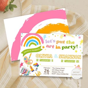 Kunst Thema Geburtstagseinladung, bearbeitbare gemeinsame Geburtstagseinladung, Geschwister-Geburtstagseinladung, Paint Party Einladung, Zwillinge Party lädt ein