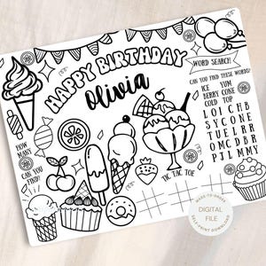 Ice Cream Birthday Coloring Placemat, Ice Cream Party Coloring Page, Personalized Kids Coloring Page, Custom Party Activity Sheet Printable