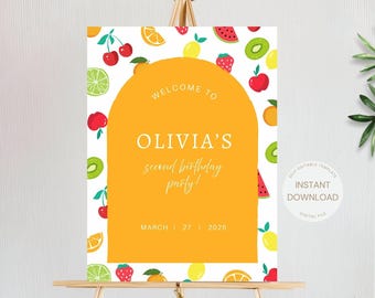 Editable Fruit Welcome Sign Template, Summer Party Sign template, Cute Tutti Frutti Welcome Sign, Tropical Fruits Themed Birthday Decor