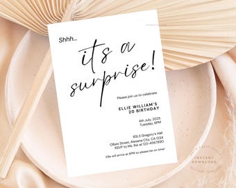 Minimalist Surprise Birthday Invitation Template Surprise Birthday Invite for Men Women Shhhh Suprise 21st 30th 40th Birthday Invitation
