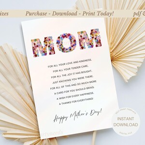 Modèle de carte imprimable pour la fête des mères, joyeuse fête des mères, poème floral pour la fête des mères, téléchargement immédiat carte de maman printemps cadeau fête des mères