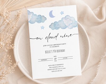 May include: A white rectangular birthday party invitation card featuring watercolor blue clouds, a crescent moon, and stars at the top. The text reads on cloud nine, JOIN US FOR A BIRTHDAY PARTY TO CELEBRATE, BILLIE'S 9TH BIRTHDAY, MONDAY MAR 27 2025 3:00 PM, ALES & RICO'S RESIDENCE 1313 ALESANA CITY, CA, KINDLY RSVP BY OCT 02 2024, ALES (123) 4567 890.