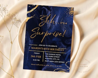 Editable Navy Blue and Gold Birthday Invitation, Surprise Party, Printable Birthday Party Invite, Editable Template, Instant Download