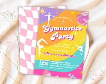 Colorful Gymnastics Birthday Invitation, Glow Neon Gymnast Party Invite: Editable Printable Canva Instant Download