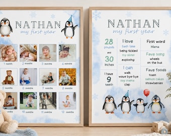 Penguin First Year Milestone Poster, Winter Birthday Photo Collage, Memory Board, Editable Boy 1st Birthday Keepsake, Monthly Photos