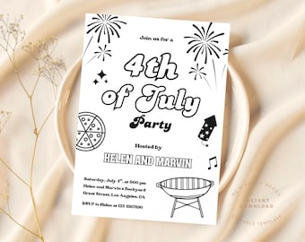 Black White 4th of July Invitation Template | Patriotic Independence Day Party Invite | Instant Download Editable Digital July Fourth Flyer