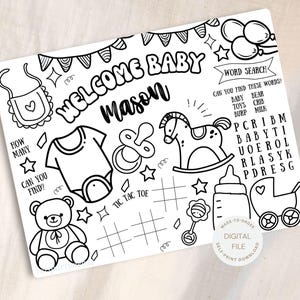 Personalized Baby Shower Activity Fun Kids Coloring Page Gender Reveal Party Coloring Sheet Oh Baby Girl Hello Baby Boy PRINTABLE Placemat