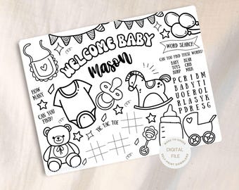 Personalized Baby Shower Activity Fun Kids Coloring Page Gender Reveal Party Coloring Sheet Oh Baby Girl Hello Baby Boy PRINTABLE Placemat