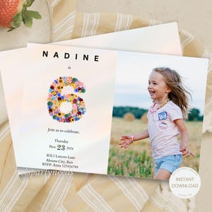 6e verjaardagsuitnodiging foto meisjesfeest 6-jarige bewerkbare minimalistische verjaardagsuitnodiging Wildflower thema lente roze Six Evite Floral