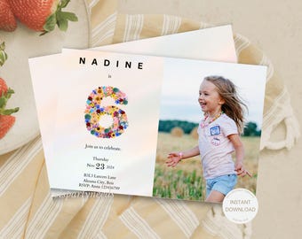 6e verjaardagsuitnodiging foto meisjesfeest 6-jarige bewerkbare minimalistische verjaardagsuitnodiging Wildflower thema lente roze Six Evite Floral