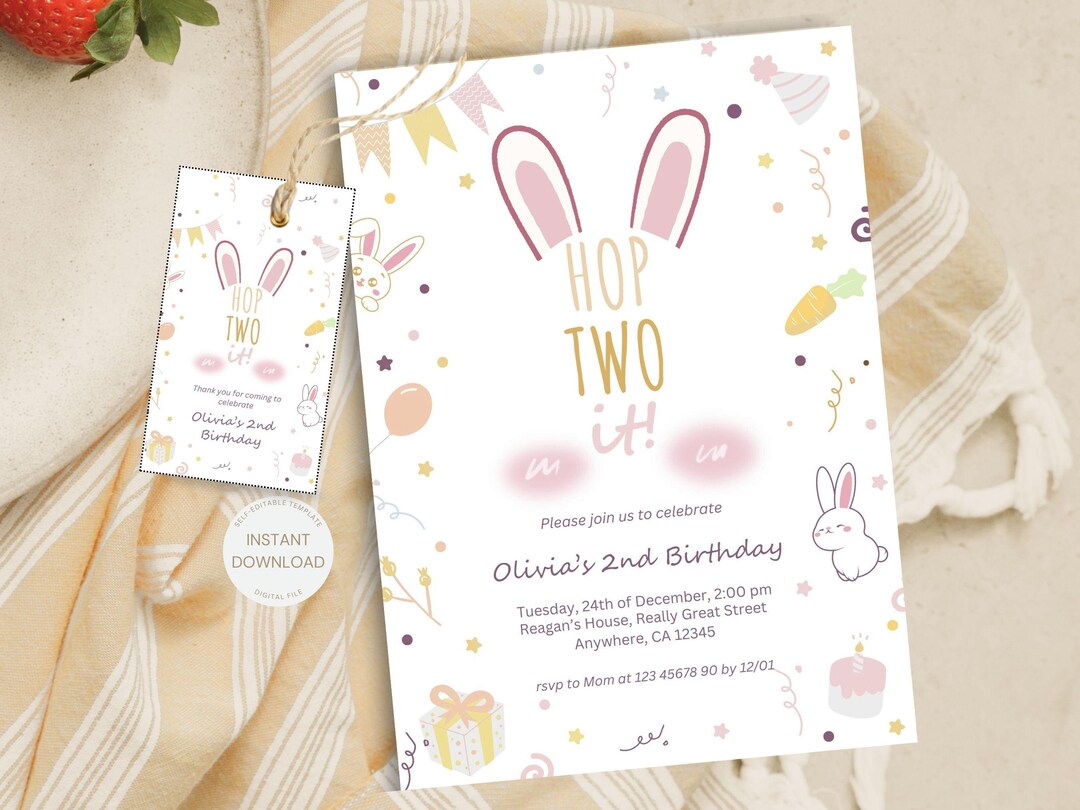 Hop Two Hop Two It Editable Second Birthday Invitation Template, Girls 2nd ...