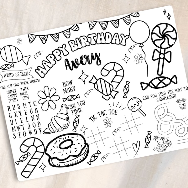 Personalized Candyland activity sheet Candyland placemats Candyland coloring page Candyland birthday party favors Candyland table decor