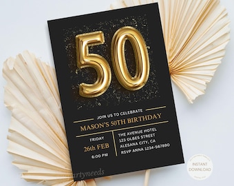 Gold 50th Birthday Invitation Editable 50th Invite, Balloons, For Him or Her Instant Download Printable Fiftieth Party Invite Modern Elegant