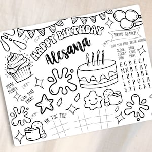 Peut inclure: Une feuille d'activités de fête d'anniversaire imprimable en noir et blanc avec une recherche de mots, un jeu de morpion et d'autres activités amusantes. La feuille dit "Joyeux anniversaire Alesana".