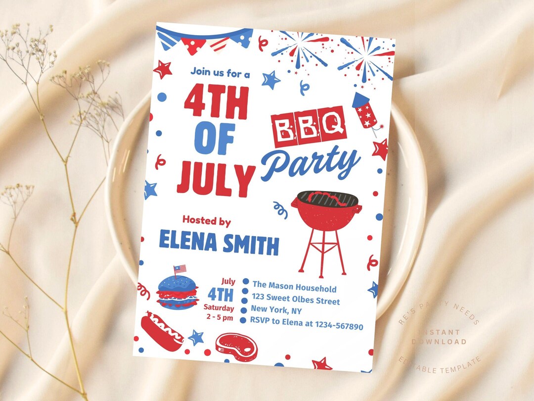 4th of July BBQ Party Invitation Template, Editable Independence Day ...