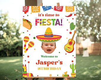 Cartello di benvenuto personalizzato per compleanno Fiesta, poster di benvenuto a tema messicano personalizzato con foto, modello di cartello stampabile con immagine
