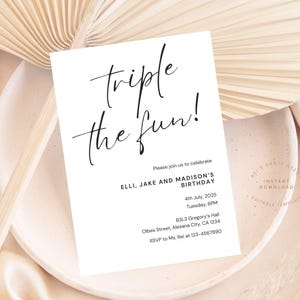 Editable Sibling Birthday Invitation, Minimalist Triple Birthday Invitation, Aesthetic Triple Combined Twins Invitation, Joint Birthday