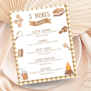 Puede incluir: Un menú de S'mores con un borde a cuadros marrón y blanco. El menú incluye ilustraciones de ingredientes y s'mores terminados. Los elementos del menú incluyen Caramelo salado, S'moreo, Nutty Buddy, Cookie Monster y Avellana.
