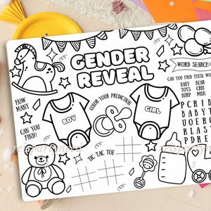 Gender Reveal Printable Activity Placemat, Gender reveal party placemat, Printable baby shower gender predictor coloring sheet for kids image 9