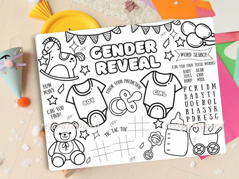 Gender Reveal Printable Activity Placemat, Gender reveal party placemat, Printable baby shower gender predictor coloring sheet for kids image 9