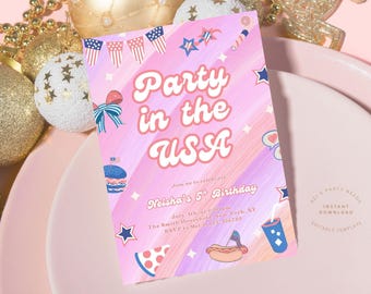 Pink 4th Of July Birthday Invitation, All American Girly, 4th Of July Invite, Patriotic Birthday, 4th Of July Party, 4th Of July Invitation