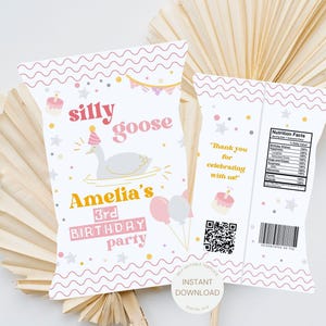 Silly Goose Birthday Chip Bag Printable Goose Theme Party Favors, One Silly Goose, Pink Goose Birthday Loot Bag, Editable Goose Birthday