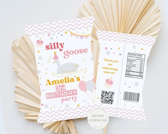 Silly Goose Birthday Chip Bag Printable Goose Theme Party Favors, One Silly Goose, Pink Goose Birthday Loot Bag, Editable Goose Birthday