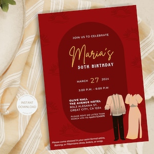 Filipino Party Invitation, Modern Filipiniana Birthday Invitation Template Red Editable Template