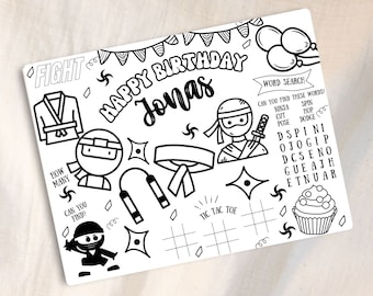 Personalized Ninja Coloring Placemat Warrior Party Activity Sheet Kids Coloring Page Ninja Party Table Decorations for Kids Birthday