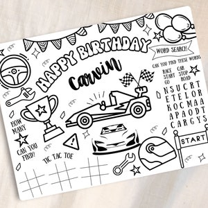 編集可能なレースカーの塗り絵ページ 素早い誕生日パーティーアクティビティ カスタムレースカーの誕生日ボーイテーブルアクティビティ 即時ダウンロード 印刷可能なPDF
