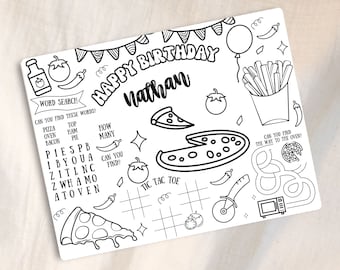 Mantel individual imprimible para fiesta de pizza, página para colorear de fiesta italiana, actividad de cumpleaños, mantel de pizzería, juegos de restaurante, laberinto