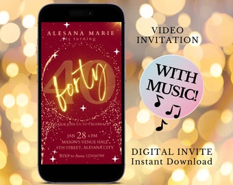 40th Birthday Burgundy Digital Invitation Template, Video Invitation Announcement, Electronic Invite, Animated Birthday Invite