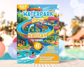 Könnte beinhalten: Eine farbenfrohe Einladung zu einer Wasserpark-Party. Das Design zeigt eine Illustration einer Wasserrutsche mit dem Text "WATERPARK Party" und "NATHAN IS TURNING 6". Zusätzliche Details sind Datum, Uhrzeit und Ort.