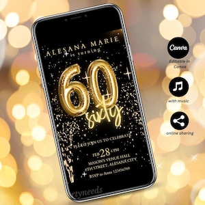60th Birthday Animated Invite, Sixty Evite, E-Invite, Invitation Template, Text Message Invitation,60 Digital Invite Phone Invite with Music