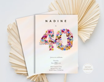 Minimal 40th Birthday Invite, Girl Editable Blush Pink, Girl Fortieth Birthday Invitation Template, Princess theme Party invitation Forty