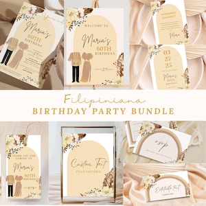 May include: A collection of Filipino-themed birthday party stationery. The set includes invitations, a welcome sign, RSVP cards, and thank you tags. The design features floral accents and illustrations of traditional attire. The text reads "Maria's 60th Birthday".
