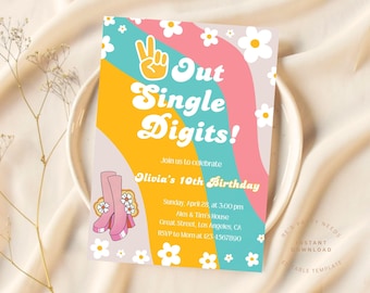 Printable Peace Out Single Digits Birthday Party Invitation, Editable Retro Hippie Peace Sign 10th Party Invite Template, Download,