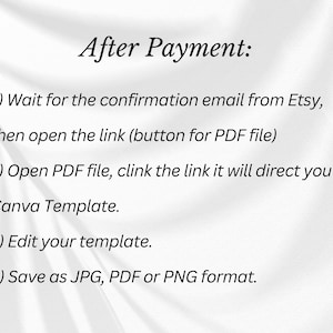 May include: Instructions for accessing and editing a Canva template after purchasing it on Etsy. The steps include waiting for an email from Etsy, opening a PDF file, clicking a link, editing the template, and saving it in JPG, PDF, or PNG format.
