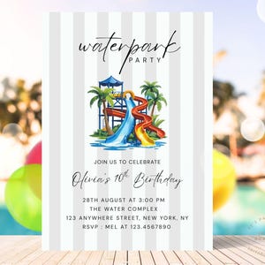 Waterpark Birthday Invitation, Water Park Party Invite, Summer Pool Party, Minimalist Waterslide Birthday Invite, Editable Canva Template