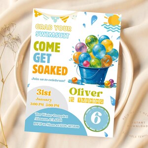 Water Balloon Invitation, Water Balloon Birthday Bash - Soaked Water Fight Splash Party, DIGITAL Printable, Editable With Canva