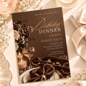 Brun födelsedagsmiddagsinbjudan, elegant chokladbrun festinbjudan, estetisk vuxen födelsedagsmiddagsinbjudan i brunt och guld