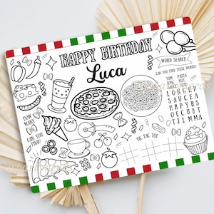K&ouml;nnte beinhalten: Eine ausdruckbare Malvorlage mit italienischem Thema. Sie zeigt eine Pizza, Spaghetti, einen Cupcake und ein Suchwort-Puzzle. Der Text lautet "Happy Birthday Luca".
