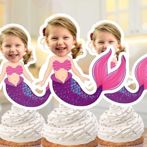 Mermaid Custom Face Cupcake Toppers, Under The Sea Baby Girl Photo Cupcake Toppers, Mermaid Birthday Decor, Printable Face with Mermaid Tail