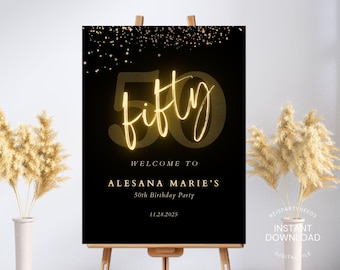 50th Welcome Sign, Look Who's 50 Welcome Sign, Modern 50th Welcome Sign, 50th Poster Elegant, Birthday Black and Gold Welcome Template