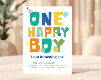 One Happy Boy First Birthday Invitation, Editable 1st Birthday Party Invite, Boy First Birthday Cake and Balloons, Instant Digital Download