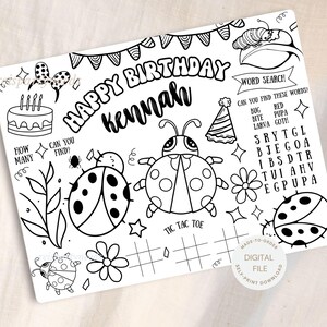 K&ouml;nnte beinhalten: Schwarz-wei&szlig; Malvorlage mit dem Text "HAPPY BIRTHDAY Kennah". Die Seite zeigt Illustrationen von Marienk&auml;fern, einer Torte, einer Partyh&uuml;tchen, Blumen und einem Wortsuchr&auml;tsel. Enth&auml;lt ein Tic-Tac-Toe-Raster.