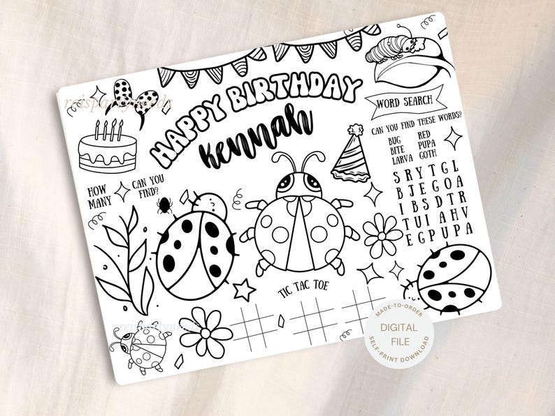 K&ouml;nnte beinhalten: Schwarz-wei&szlig; Malvorlage mit dem Text "HAPPY BIRTHDAY Kennah". Die Seite zeigt Illustrationen von Marienk&auml;fern, einer Torte, einer Partyh&uuml;tchen, Blumen und einem Wortsuchr&auml;tsel. Enth&auml;lt ein Tic-Tac-Toe-Raster.