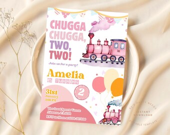 Girl Train Invitation DIY, Pink Train Birthday Invitation - Girl Train 2nd Birthday DIY - Instant Download - Canva Invitation