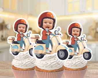 Custom Face Italian Scooter Birthday Cupcake Toppers, Italian Themed Birthday Party, Printable Italian Scooter Birthday Cake Topper