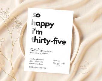 Invitación minimalista para el 35.° cumpleaños, invitación para el 35.° cumpleaños, estoy muy feliz por tener treinta y cinco años, 35.° cumpleaños, treinta y cinco, invitación estética